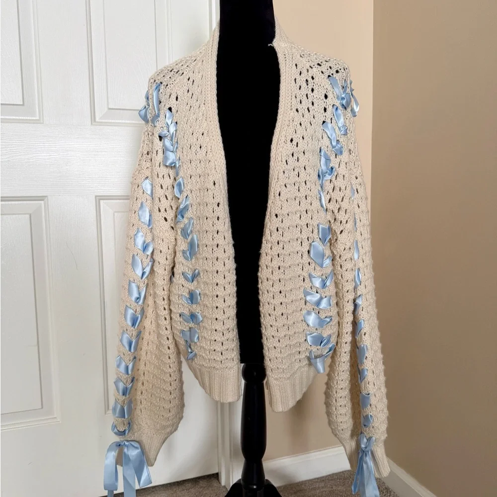 Altar’d State Cream Open Knit Cardigan Blue Ribbon Lace-Up Boho - Picture 2 of 7